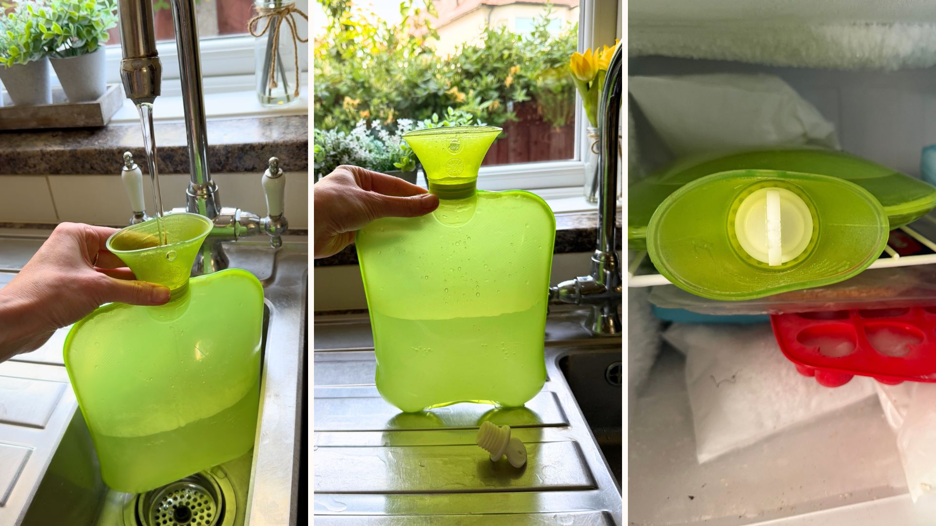 Compilation images showing how to do the frozen hot water bottle hack