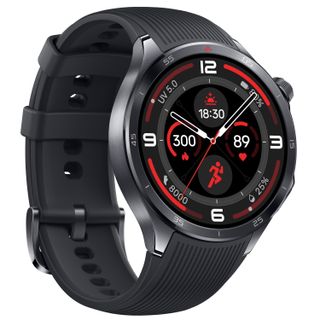 Render of a black OnePlus Watch 3 showing the default watch face.