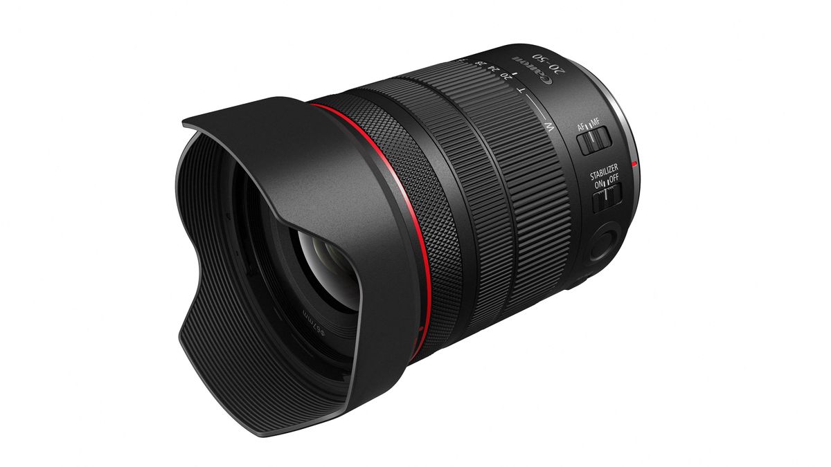 Canon RF 20-50mm f/4L IS USM PZ lens against a white background