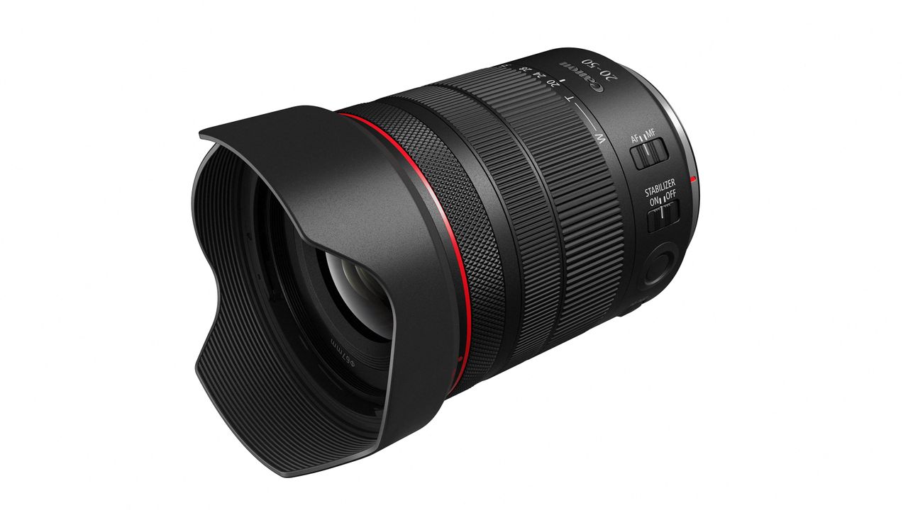 Canon RF 20-50mm f/4L IS USM PZ lens against a white background