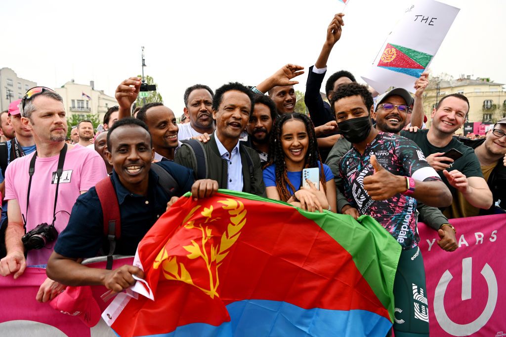VISEGRAD HUNGARY MAY 06 Fans of Merhawi Kudus Ghebremedhin of Eritrea and Team EF Education Easypost during the team presentation prior to the 105th Giro dItalia 2022 Stage 1 a 195km stage from Budapest to Visegrd 337m Giro WorldTour on May 06 2022 in Visegrad Hungary Photo by Stuart FranklinGetty Images