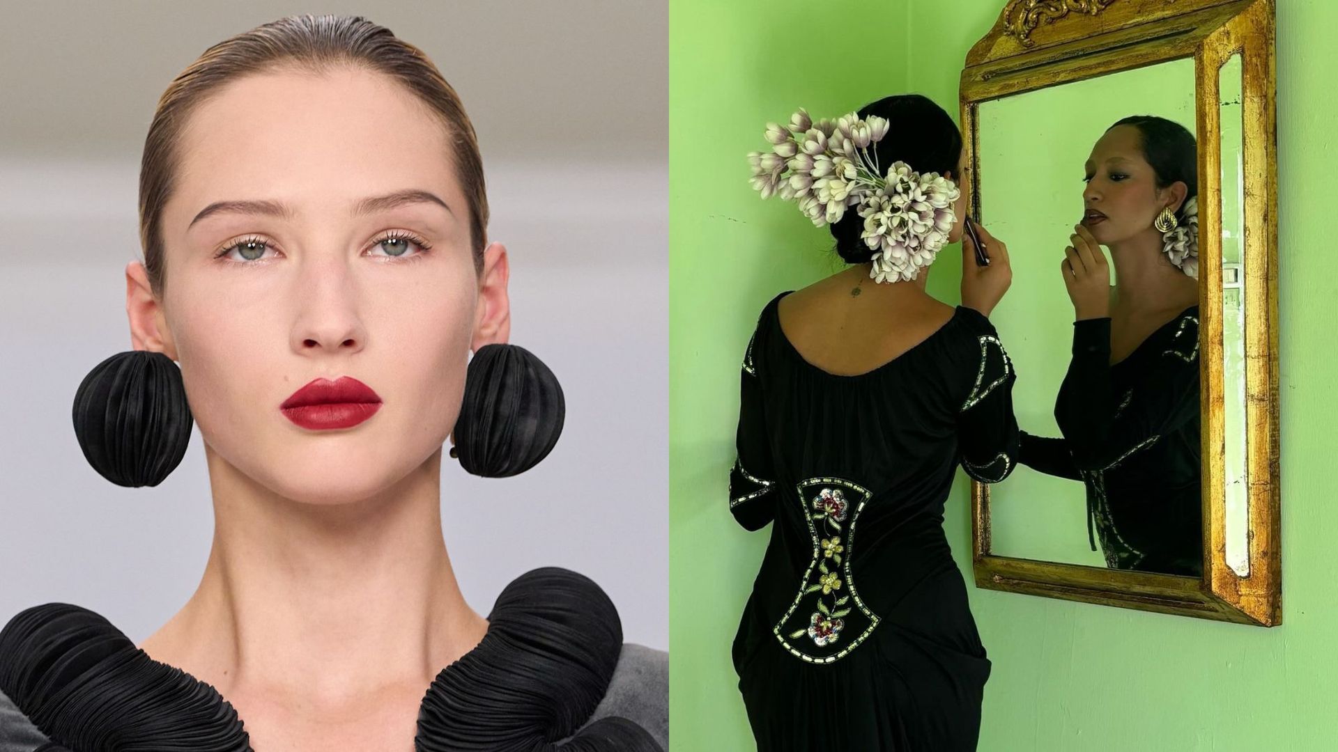 A split image of two women wearing and applying lipstick.
