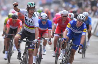 Peter Sagan and Elia Viviani sprint for the line at Gent-Wevelgem 2018