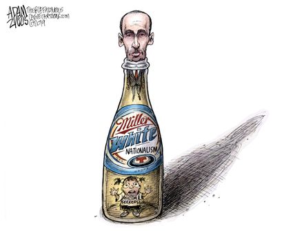 Political Cartoon U.S. Stephen Miller immigration homeland security asylum seeker beer