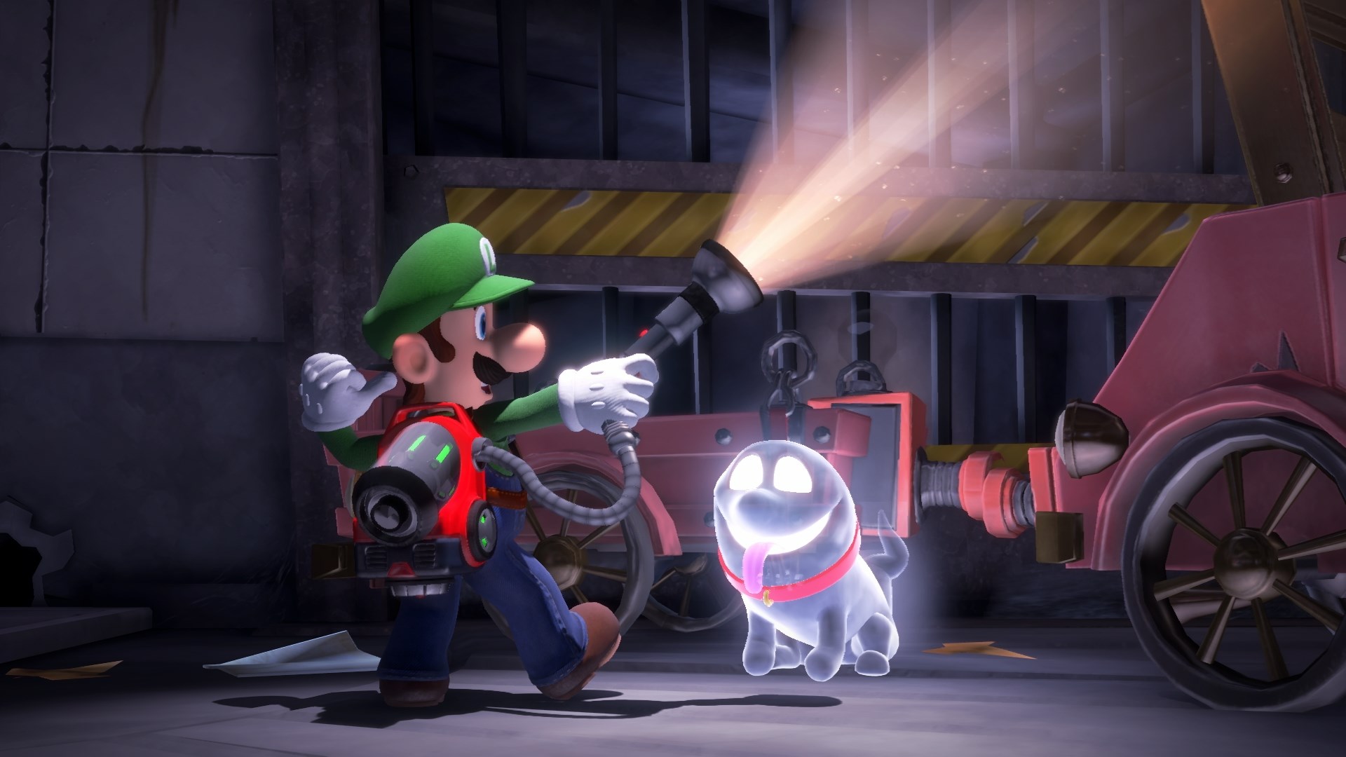 A screenshot from Luigi's Mansion 3, showing Luigi and Polterpup