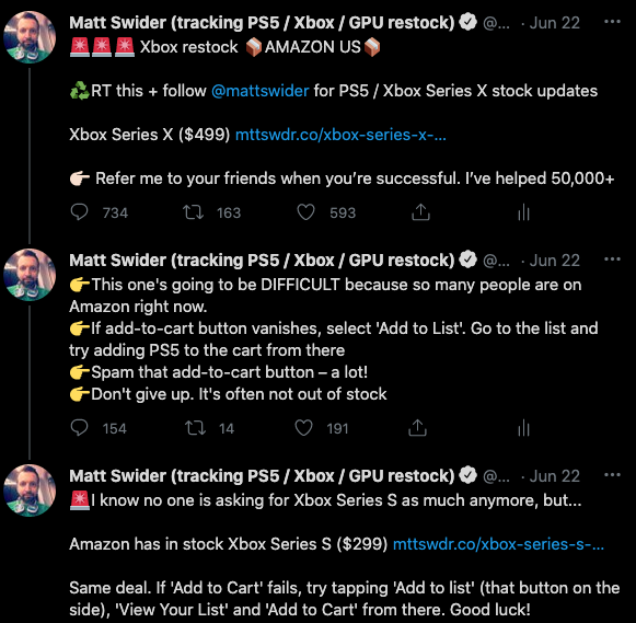 Xbox Series X restock alert from Matt Swider for Amazon