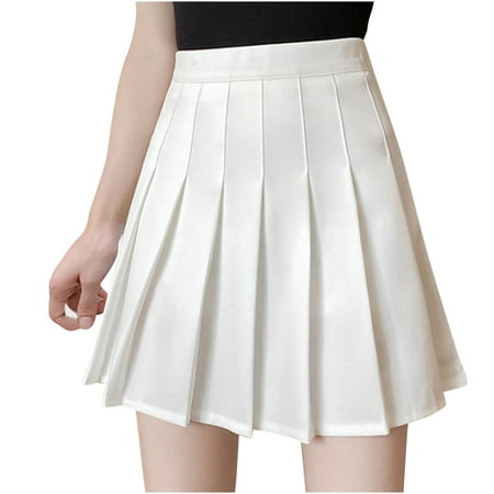 Ruziyoog Womens Spandex Comfy Polka Pleated Skirt, Fashion Women Pleated A-Line Skirt Anti-Burnout Solid High Waist Short Skirt White M