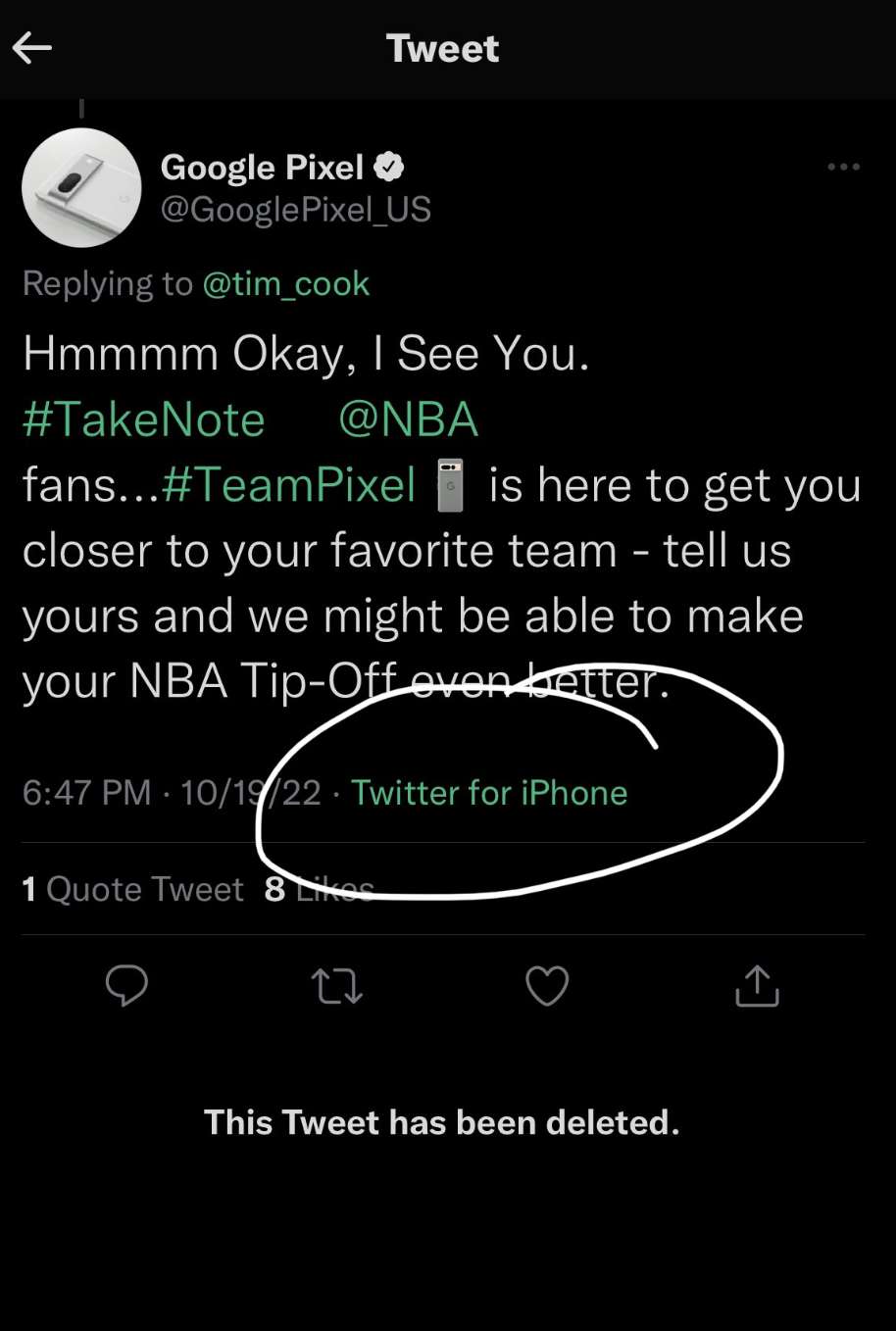 Resim, Google'ın bir Pixel cihazını tanıtırken yanlışlıkla bir iPhone'dan tweet atmasına ait bir tweet.