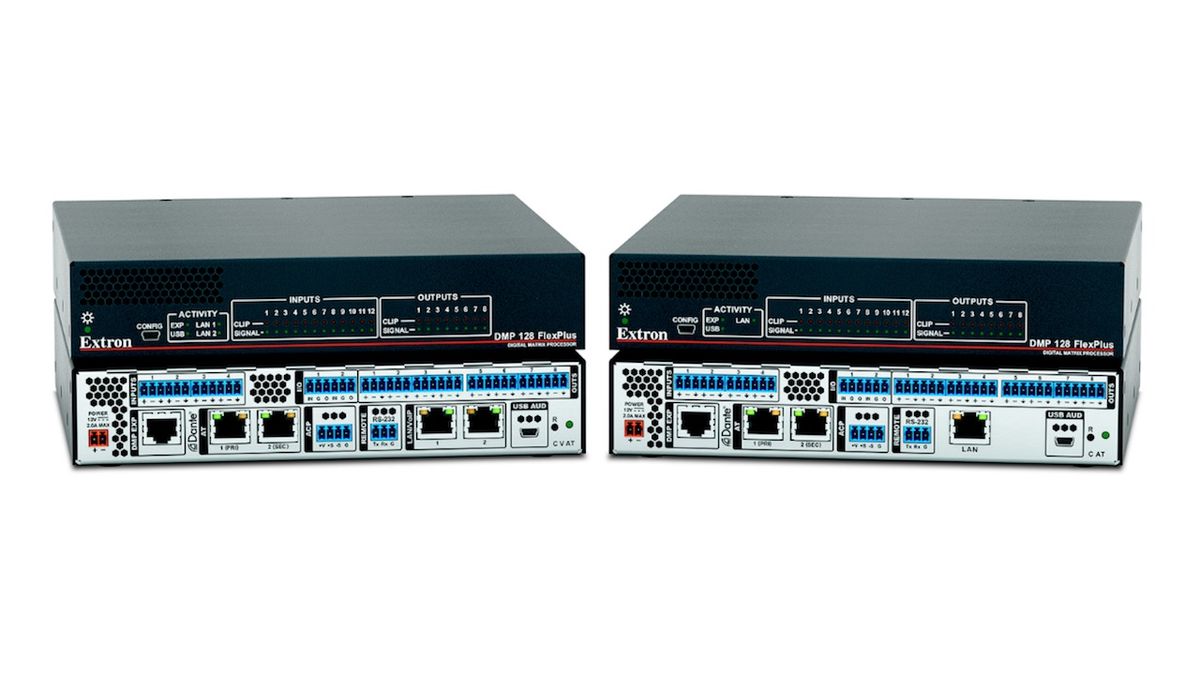 Extron has announced the immediate availability of the DMP 128 FlexPlus series of compact Dante Digital Matrix Processors, featuring 12 FlexInput channels with full DSP, including AEC, and Dante connectivity, in only a half rack space. 