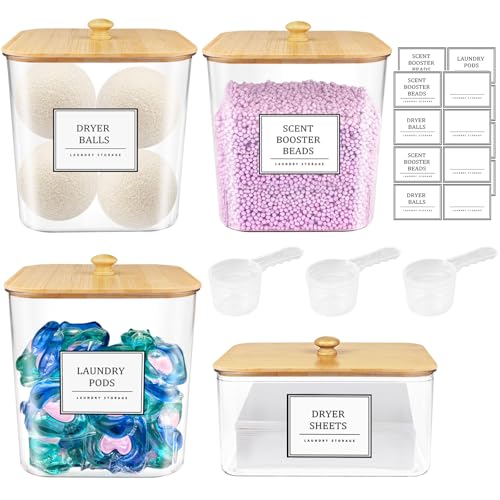 3+1 Pack Laundry Pods Container,clear Laundry Room Organization Containers,large Laundry Detergent Powder Storage Containers With Wooden Lids &amp;amp; Labels,laundry Pods Holder for Scent Booster,powder,pods