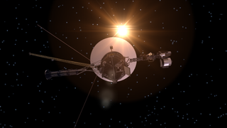 A rendering of Voyager 1 with the sun in the background.