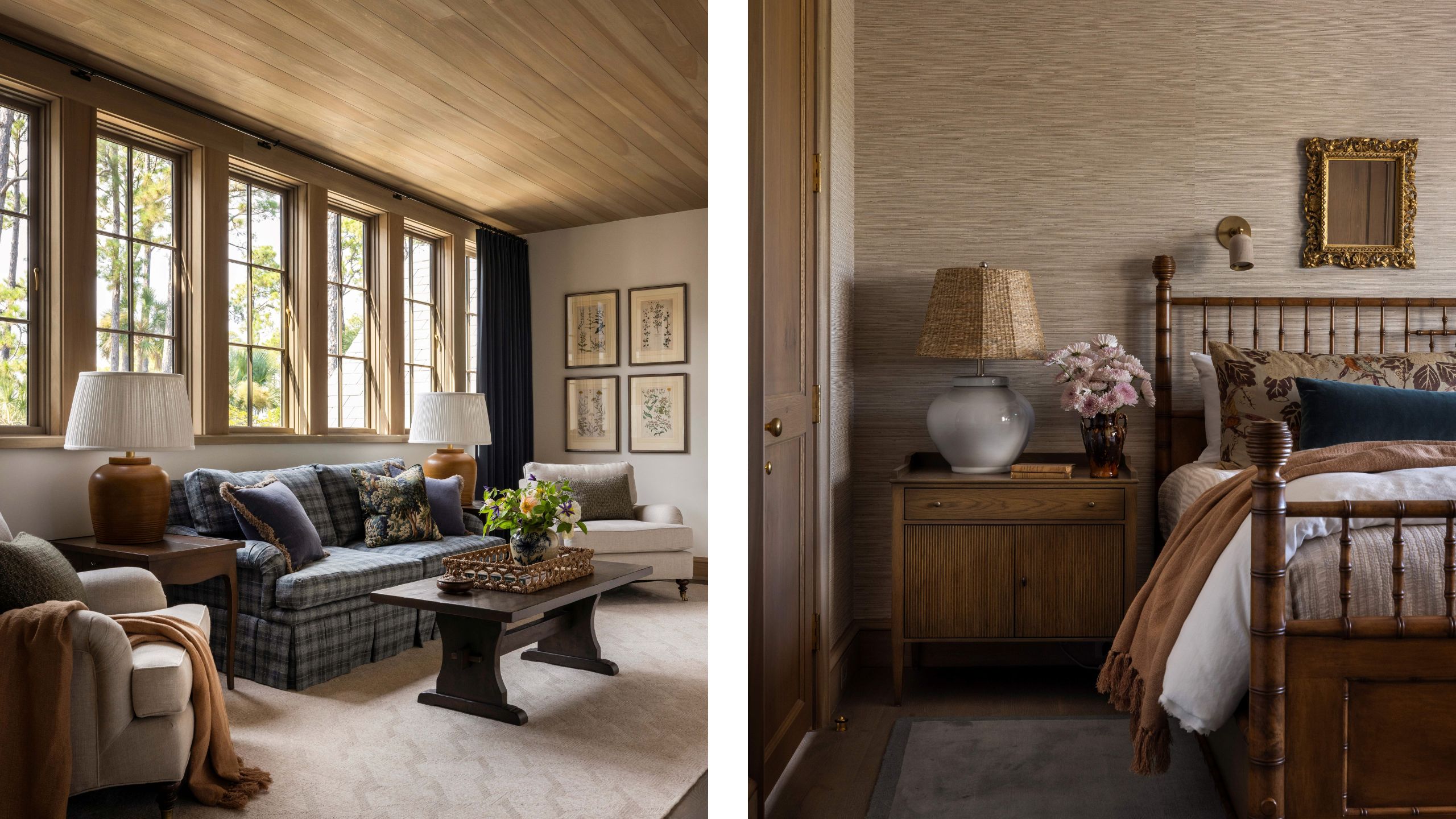 two side by side images of an upstairs lounge area with blue plaid skirted sofa and a layered guest bedroom with wooden bed