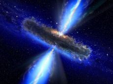 An illustration shows jets of matter launched from a supermassive black hole at the center of a galaxy.