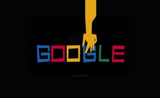 One of the best Google Doodles showing the Google logo in primary colours with cartoon hand dropping down to grab the second G