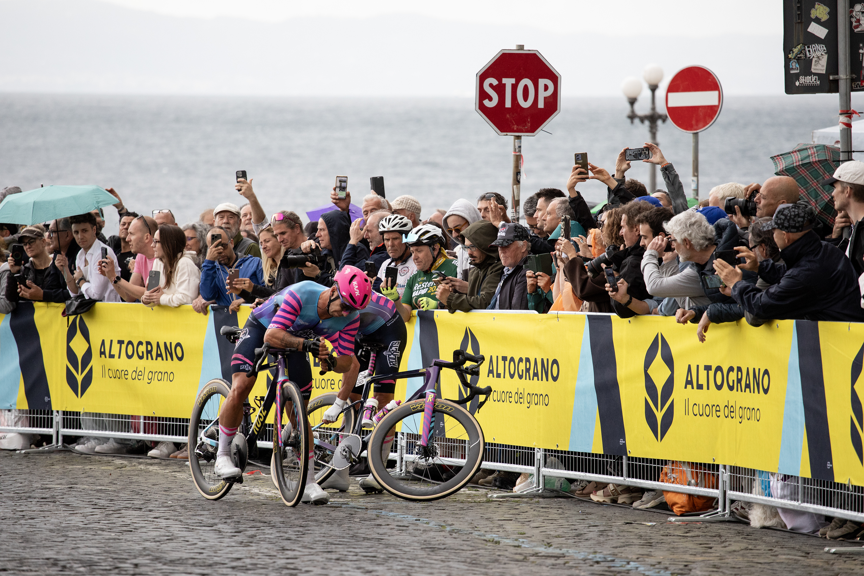 Dylan Groenewegen gets back on his bike after crashing in sight of the line on stage 6, Giro d'Italia 2026