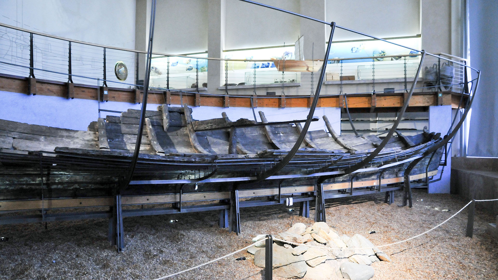 The remains of the ma'agan michael ship displayed in a museum