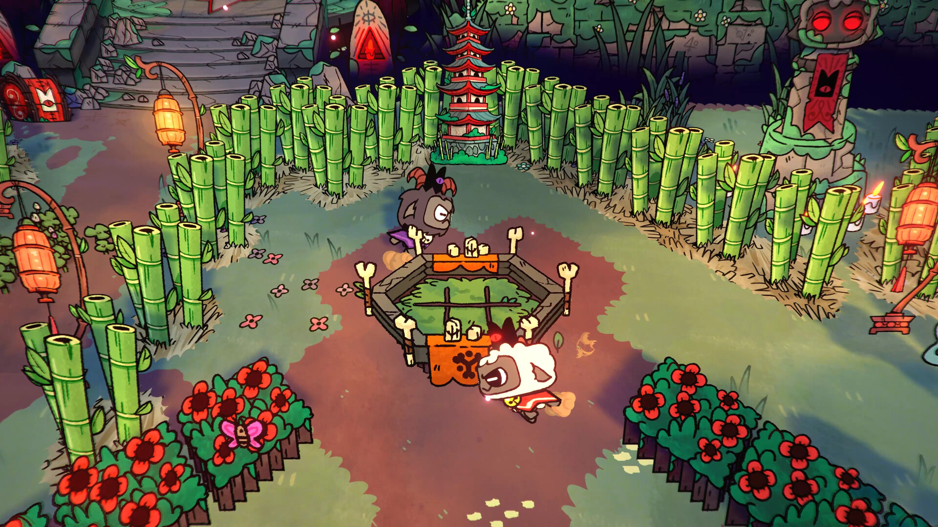 In cute action roguelike, Cult of the Lamb, a lamb and goat run around a bony shrine-like structure in their cult base