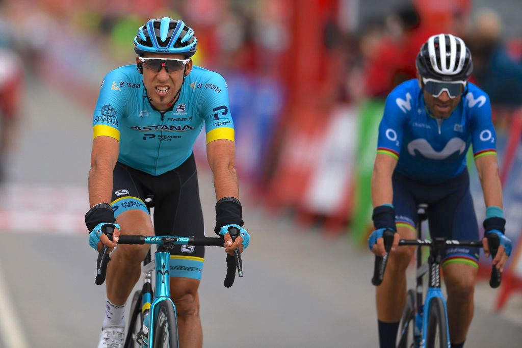 VILLANUEVA DE VALDEGOVIA, SPAIN - OCTOBER 27: Arrival / Omar Fraile Matarranz of Spain and Astana Pro Team / Disappointment / Alejandro Valverde Belmonte of Spain and Movistar Team / during the 75th Tour of Spain 2020, Stage 7 a 159,7km from Vitoria-Gasteiz to Villanueva de Valdegovia / @lavuelta / #LaVuelta20 / La Vuelta / on October 27, 2020 in Villanueva de Valdegovia, Spain. (Photo by David Ramos/Getty Images)