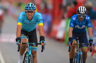 VILLANUEVA DE VALDEGOVIA, SPAIN - OCTOBER 27: Arrival / Omar Fraile Matarranz of Spain and Astana Pro Team / Disappointment / Alejandro Valverde Belmonte of Spain and Movistar Team / during the 75th Tour of Spain 2020, Stage 7 a 159,7km from Vitoria-Gasteiz to Villanueva de Valdegovia / @lavuelta / #LaVuelta20 / La Vuelta / on October 27, 2020 in Villanueva de Valdegovia, Spain. (Photo by David Ramos/Getty Images)