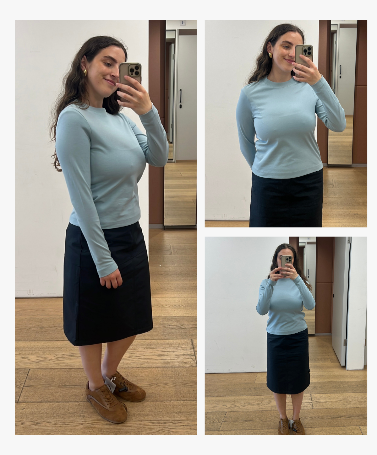 Who What Wear&#039;s Ava Gilchrist wears a Cos blue long sleeve shirt, navy pencil skirt and suede trainers.