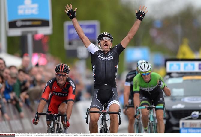 Fabian Cancellara (Trek) handily defeated Greg Van Avermaet and Sep Vanmarcke to win Tour of Flanders