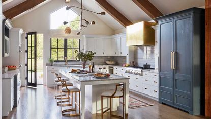 white kitchen with vaulted ceiling and double height blue larder unit