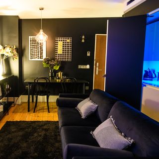 black velvet sofa with hanging light and flower vase