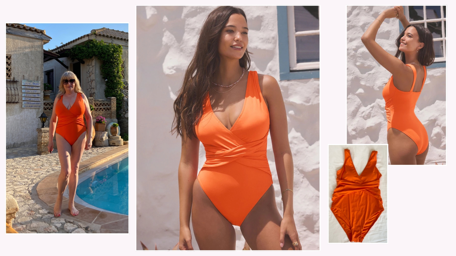 Julie Player and model wearing Next orange swimsuit