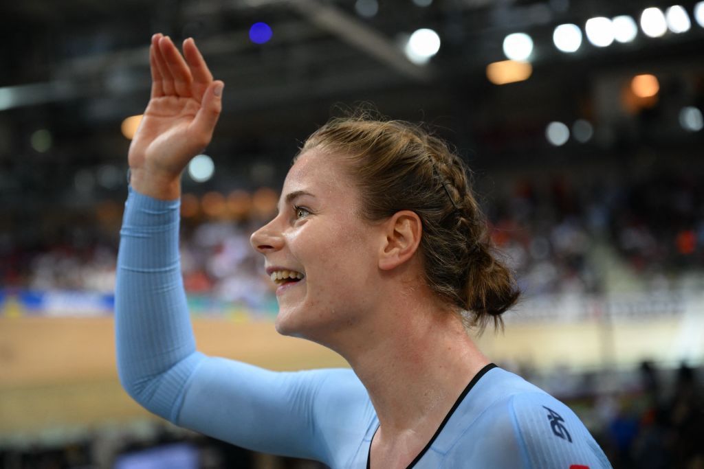 Belgiums Lotte Kopecky celebrates winning the Womens Elimination finals during the UCI Track Cycling World Championships at the Velodrome of SaintQuentinenYvelines southwest of Paris on October 13 2022 Photo by AnneChristine POUJOULAT AFP Photo by ANNECHRISTINE POUJOULATAFP via Getty Images