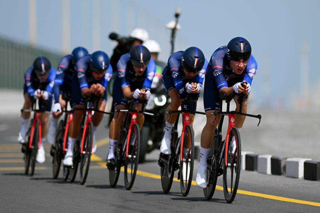 KHALIFA PORT UNITED ARAB EMIRATES FEBRUARY 21 Clement Davy of France and Team Groupama FDJ competing during the 5th UAE Tour 2023 Stage 2 a 173km team time trial in Khalifa Port UAETour on February 21 2023 in Khalifa Port United Arab Emirates Photo by Dario BelingheriGetty Images