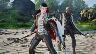 Code Vein 2 best early weapons: A player's character and Noah holding weapons at the ready on a beach.