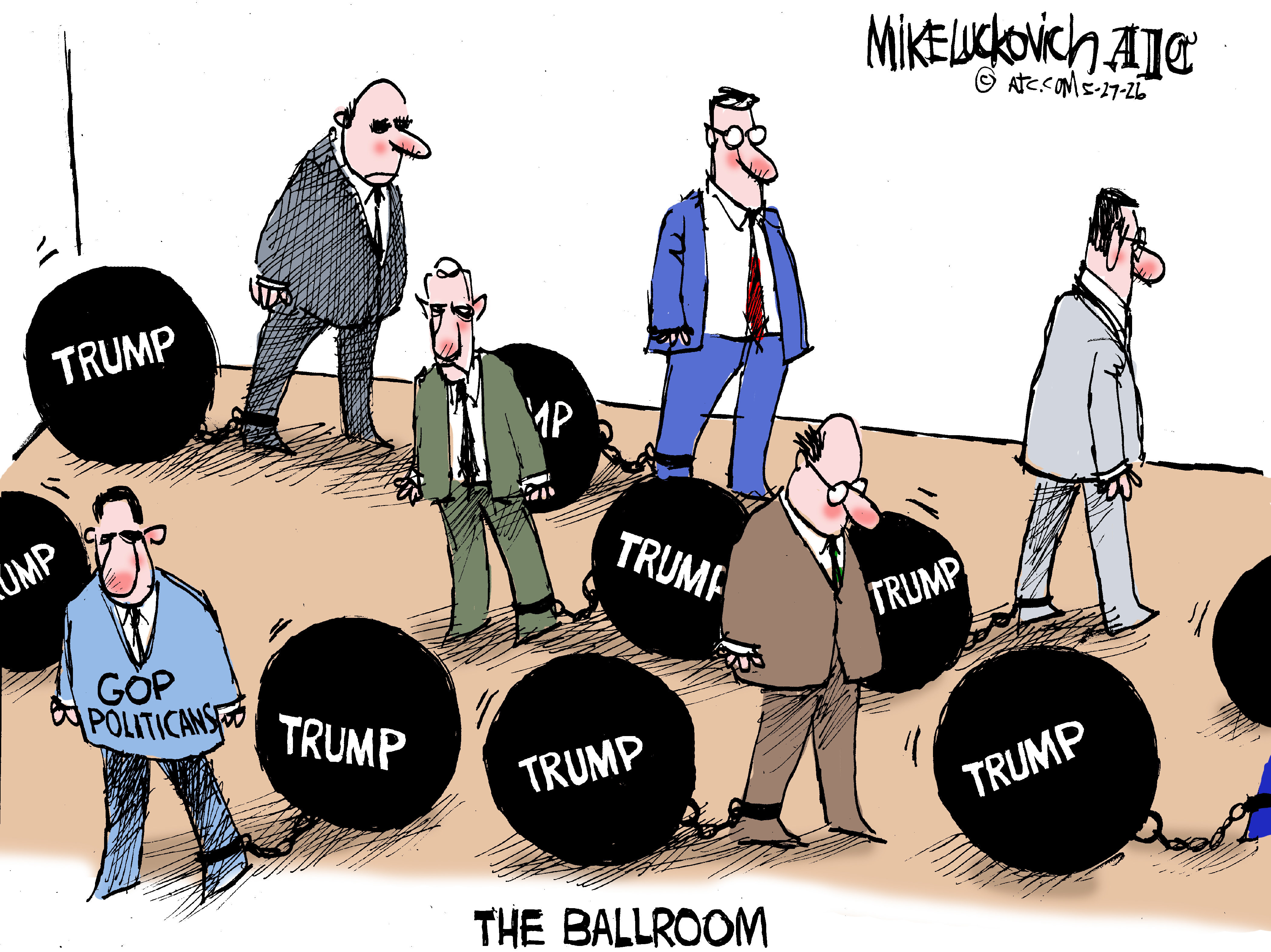 This cartoon is titled &amp;ldquo;The Ballroom&amp;rdquo;. It depicts male GOP politicians in suits with their heads down and giant ball-and-chains labeled &amp;ldquo;Trump&amp;rdquo; attached to their ankles.
