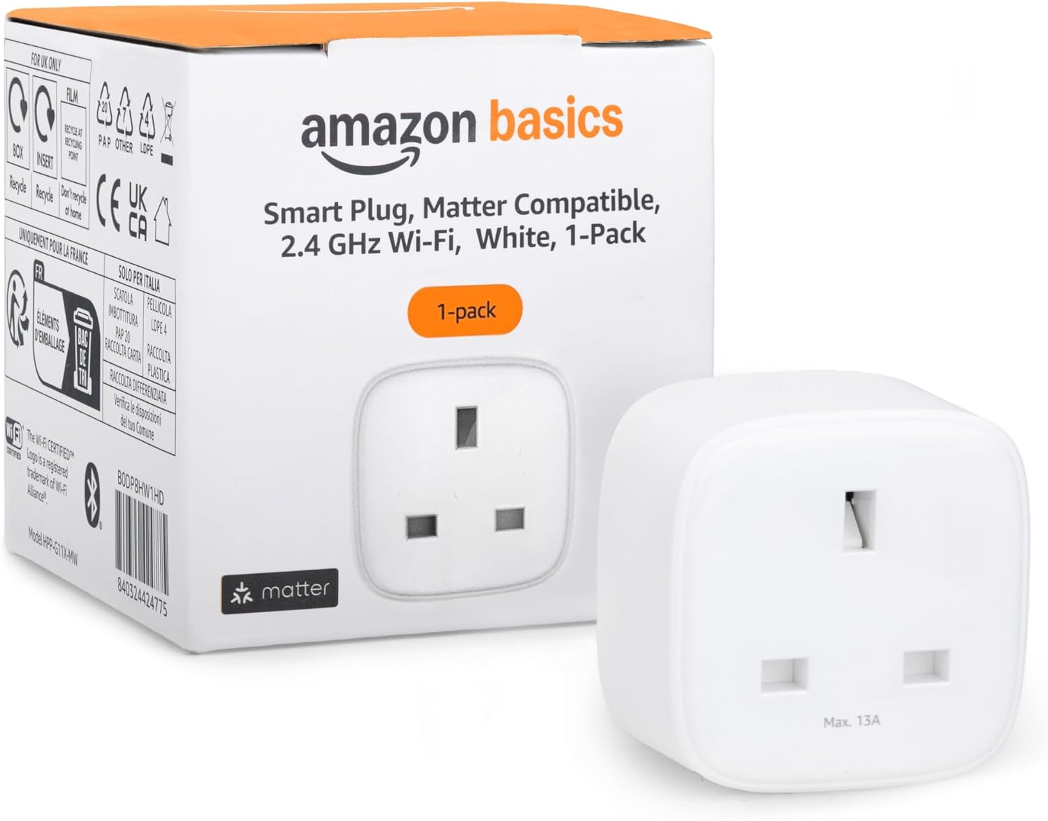 Amazon Basics Smart Plug, Matter Compatible, Compatible With Amazon Alexa, Google Home, Apple Homekit, Matter Hub Required, 2.4 Ghz Wi-Fi Only, White, 1-Pack
