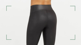 Close up of the Spanx faux leather leggings from behind showing the back seam and waistband