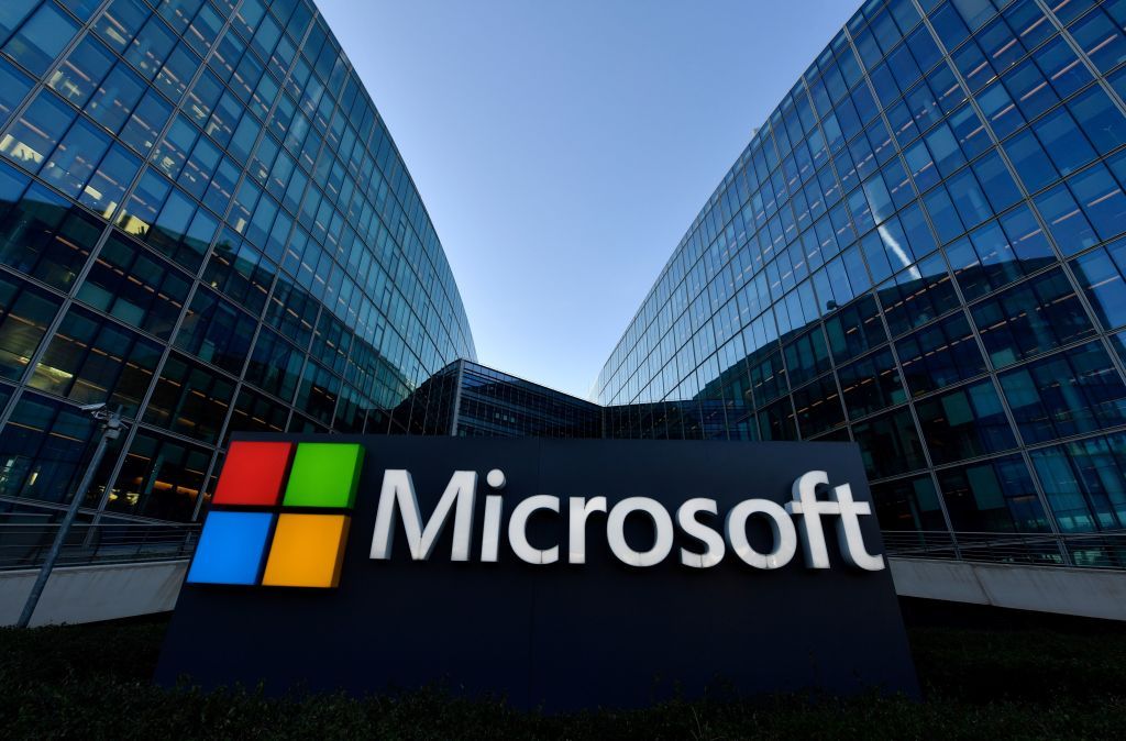 The logo of French headquarters of American multinational technology company Microsoft, is pictured outside on March 6, 2018 in Issy-Les-Moulineaux, a Paris&amp;#039; suburb.