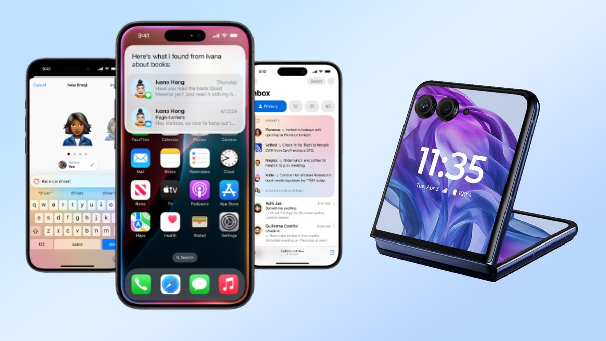 Apple Intelligence on iPhones next to Moto Razr Plus with Moto AI