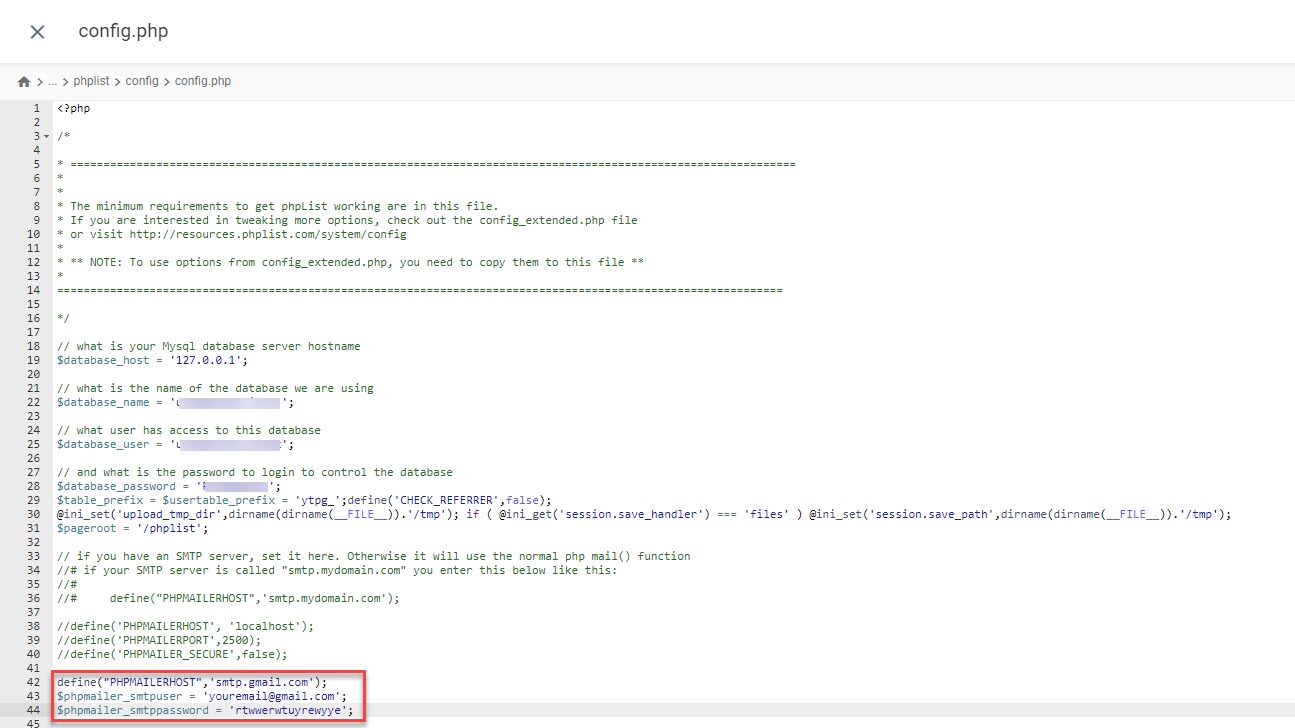 Screenshot of the config.php file being edited