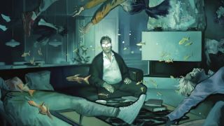 Walter sitting in a living room full of water, with fish and human characters floating around on the cover to The Nice House on the Lake Vol. 2
