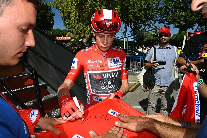 ALAPARDO, SPAIN - SEPTEMBER 14: Jonas Vingegaard of Denmark and Team Visma | Lease a Bike - Red Leader Jersey prior to the La Vuelta - 80th Tour of Spain 2025, Stage 21 a 108km stage from Alalpardo to Madrid / #UCIWT / on September 14, 2025 in Alalpardo, Spain. (Photo by Dario Belingheri/Getty Images)
