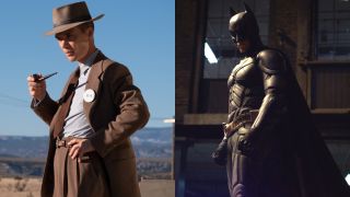 Cillian Murphy stands in the desert in Oppenheimer and Christian Bale standing in his Batman costume for The Dark Knight, pictured side by side.