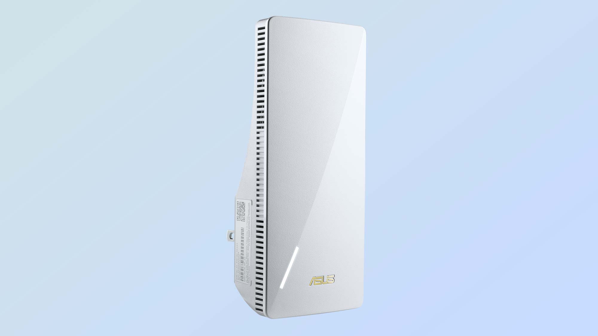 A product design shot of an Asus RP-AX58 Wi-Fi 6 extender showing the front and side.