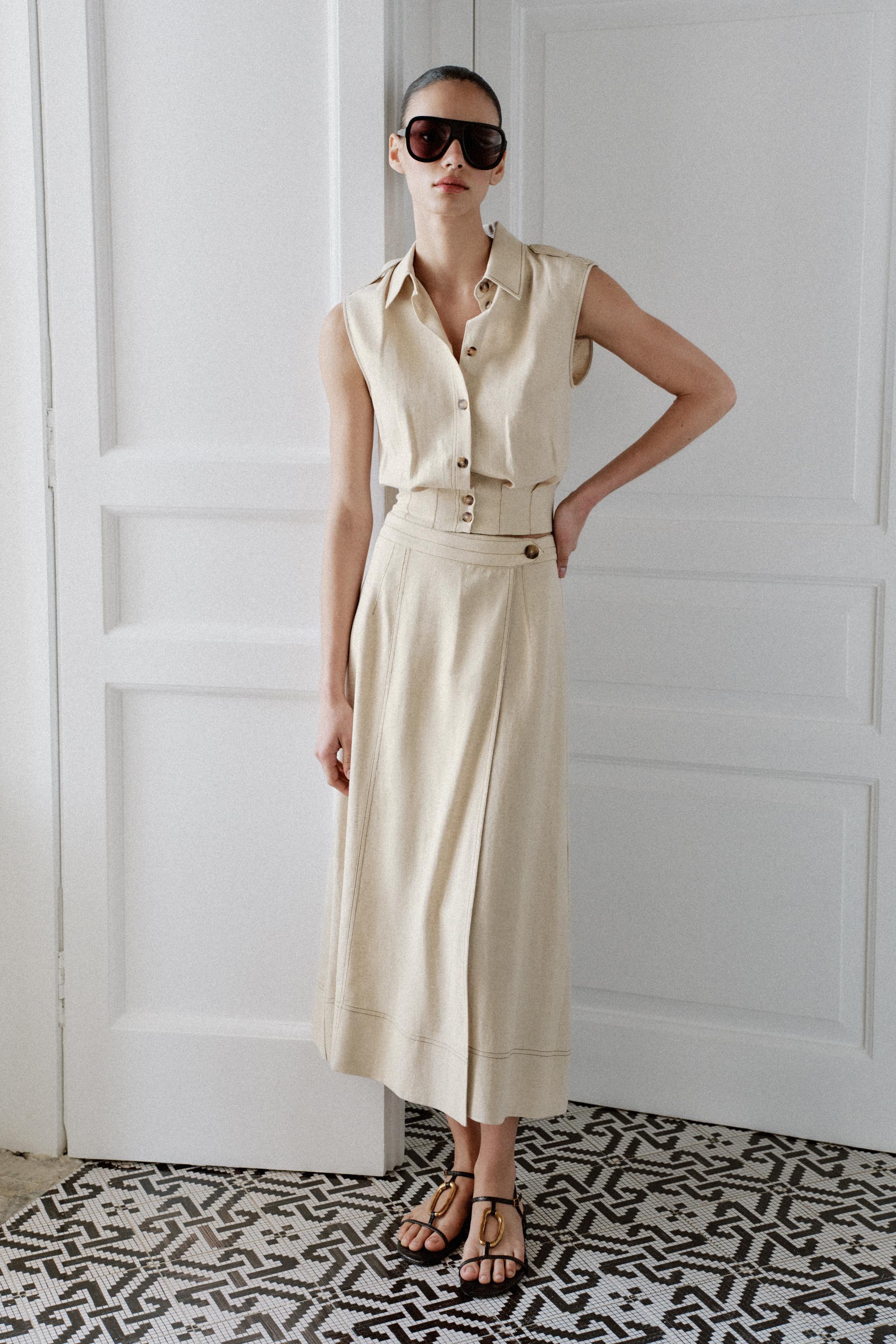 Linen Blend Wrap Midi Skirt