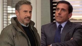 From left to right Steve Carell as Greg in Rooster smiling and Steve Carell in The Office looking nervous. 