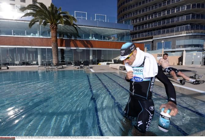 Tom Boonen steps into the pool for some recovery time at the Omega Pharma-QuickStep camp in Calpe