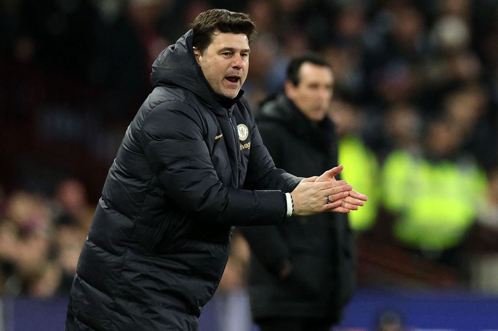 Chelsea&#039;s Argentinian head coach Mauricio Pochettino shouts instructions to the players from the touchline during the English FA Cup fourth round replay football match between Aston Villa and Chelsea at Villa Park in Birmingham, central England on February 7, 2024. (Photo by Adrian DENNIS / AFP) / RESTRICTED TO EDITORIAL USE. No use with unauthorized audio, video, data, fixture lists, club/league logos or &#039;live&#039; services. Online in-match use limited to 120 images. An additional 40 images may be used in extra time. No video emulation. Social media in-match use limited to 120 images. An additional 40 images may be used in extra time. No use in betting publications, games or single club/league/player publications. / (Photo by ADRIAN DENNIS/AFP via Getty Images)