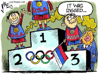 Political cartoon World Trump and Russian Olympics athletes