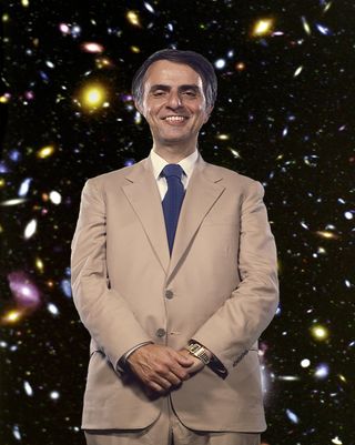 Carl Sagan smiles against a starry background