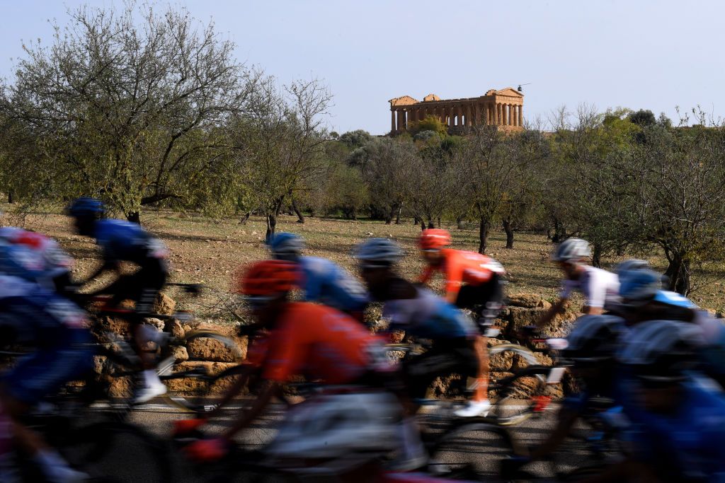 AGRIGENTO ITALY OCTOBER 04 Temple of Concordia Valley of the Temples in Agrigento Peloton Landscape during the 103rd Giro dItalia 2020 Stage 2 a 149km stage from Alcamo to Agrigento 243m girodiitalia Giro on October 04 2020 in Agrigento Italy Photo by Tim de WaeleGetty Images
