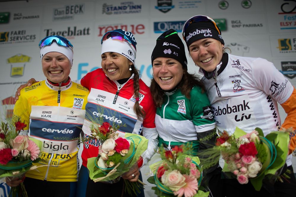 Lotta Lepist&ouml; (FIN) and Carmen Small (USA) of Cerv&eacute;lo-Bigla Cycling Team, Annemiek van Vleuten (NED) of Orica-AIS Cycling Team and Thalita de Jong (NED) of Rabo-Liv Cycling Team