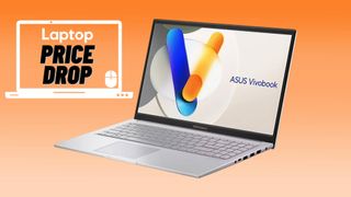 Silver Asus Vivobook 15 touchscreen laptop against orange gradient background. 